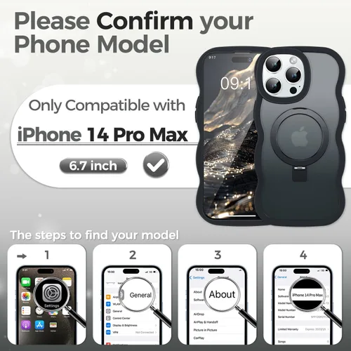 Vista 8 de Funda [Cute Wave Frame+Mag Stand] Diseñada para iPhone 14 Pro Max, [Compatible con MagSafe] Funda protectora de silicona translúcida con anillo