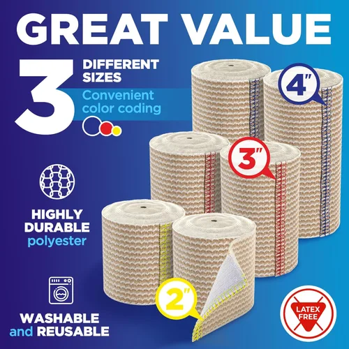 Vista 2 de Vendaje elástico de alto rendimiento, paquete de 6 (2 x 2 pulgadas, 2 x 3 pulgadas, 2 x 4 pulgadas), vendaje de compresión fuerte de cierre
