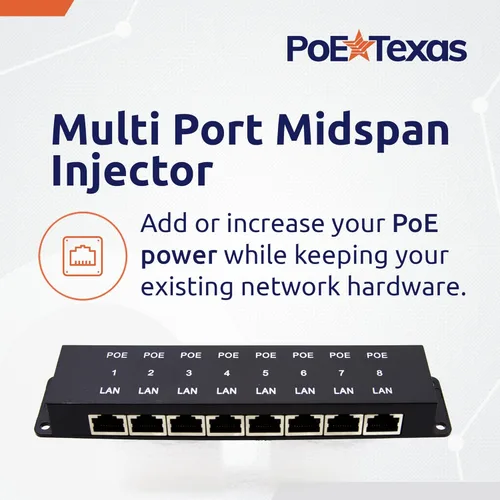 Vista 2 de Inyector PoE World PoE Inyector de alimentación a través de Ethernet de 8 puertos para dispositivo pasivo 8 LAN+puerto PoE 10/100 Velocidad de datos