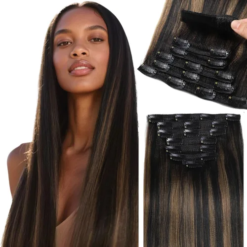 Vista 12 de Anrosa - Extensiones de cabello con clip de onda de agua, cabello humano natural negro 1B, extensiones de cabello rizado con doble trama y clip