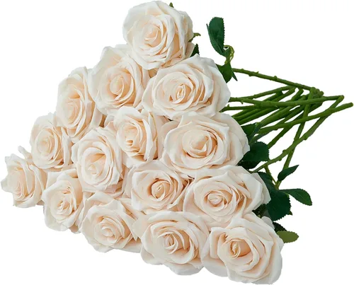 Vista 15 de Carlita's Blooms Ramo de 15 rosas artificiales de seda, flores de seda sintética, tallos largos, para arreglos de boda, centro de mesa, fiesta