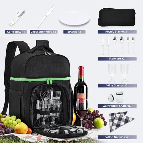 Vista 4 de Vogano Mochila de picnic y accesorios – Juego de picnic aislado para 2 personas con compartimentos dobles, manta ligera, juego de cubiertos