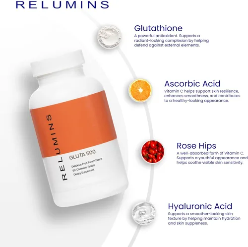 Vista 5 de Relumins Gluta 500 tabletas masticables con glutatión, ácido hialurónico, vitamina C, biotina y colágeno, apoya el tono de la piel y el brillo
