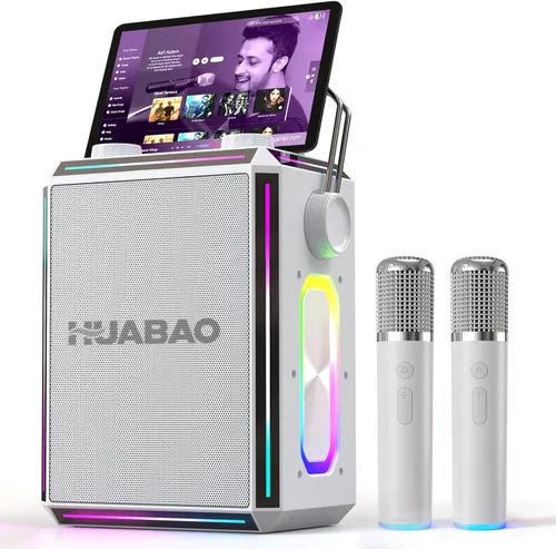 Vista 10 de Altavoz portátil de karaoke Bluetooth con 2 micrófonos inalámbricos, luces RGB, ajuste de agudos y graves, efectos de voz, entrada