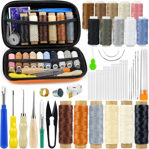Kit de reparación de tapicería de cuero: PLANTIONAL - Kit de costura de 60 piezas con hilo encerado y de tapicería, aguja de ojo grande, 3 puntas de