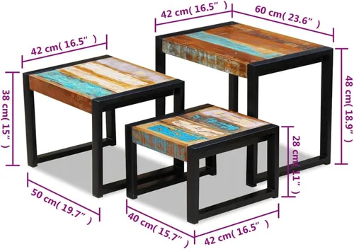 Vista 2 de Mesas anidables de tres piezas de madera recuperada maciza, mesas auxiliares, mesa de consola, mesa de entrada, tocador, mesa auxiliar pequeña