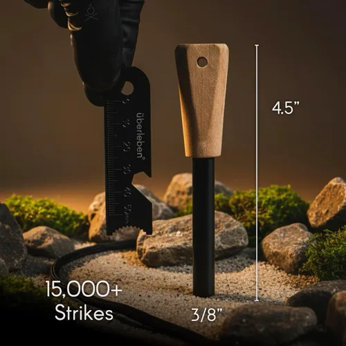 Vista 2 de Überleben Zünden Original Ferro Rod Fire Starter Survival Tool – Up to 15,000 Strikes, 3/8" Fire Steel with Wood Handle, Multi-Tool Striker &