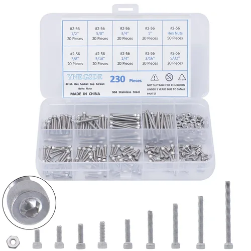 Kit surtido de tornillos de cabeza hexagonal, tornillos y tuercas 2-56 UNC, kit surtido de tornillos de máquina 304 de acero inoxidable 304, rosca