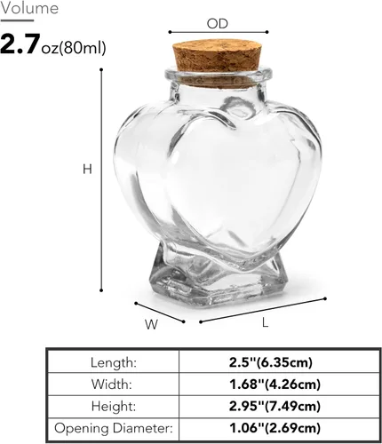 Vista 2 de 3 tarros de vidrio en forma de corazón con tapas de corcho, recipiente lindo de 2.7 onzas, 2.5 x 1.68 x 2.95 pulgadas, botellas de vidrio pequeñas