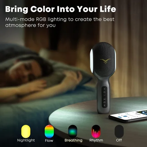 Vista 7 de Micrófono inalámbrico Bluetooth para karaoke, micrófono portátil 5 en 1 con altavoz y luces RGB dinámicas, mini máquina de karaoke para viajes