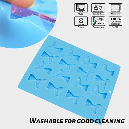 Vista 4 de Sakolla 2 unidades de moldes de cola de sirena, moldes de sirena para chocolate, decoración de pastel, dulces, cupcakes de resina, gomitas (Azul)