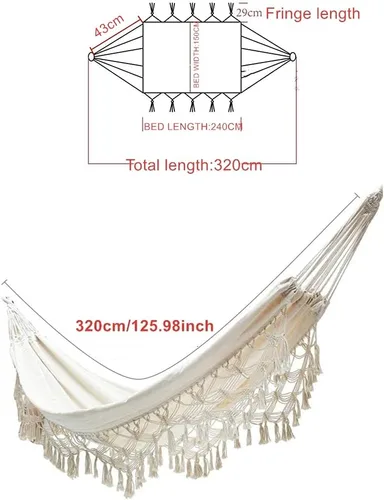 Vista 5 de Hamaca brasileña doble hamacas de tela suave y cómoda, lona de algodón, para colgar portátil, para dos personas, hamaca bohemia con flecos, grande
