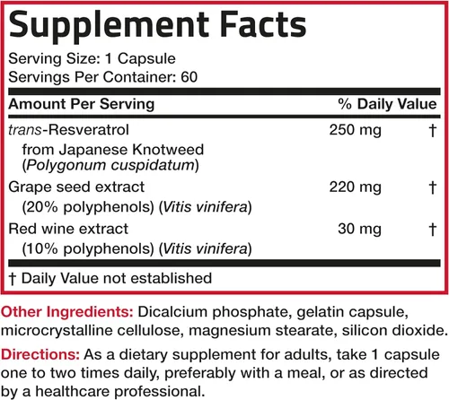 Vista 8 de Bronson Resveratrol 500 Complejo Estandarizado Trans-Resveratrol + Extracto de Semilla de Uva y Vino Tinto, 60 Cápsulas