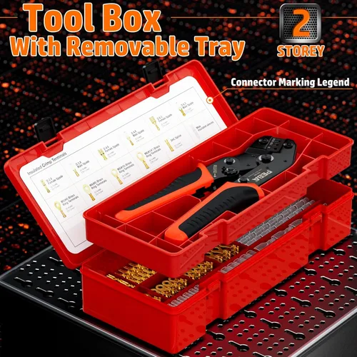 Vista 6 de PEBA Kit de herramientas de prensado de barril abierto, 10 tamaños de empalme rápido macho y hembra de conectores de pala de alambre con crimpador