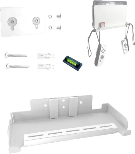 Soporte de pared para Nintendo Switch y Nintendo Switch OLED (sin taladro, metal resistente, 5 ranuras para tarjetas de juego, fácil instalación,