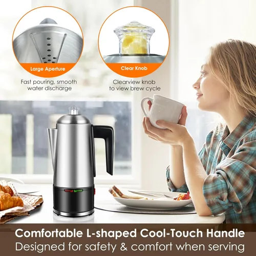 Vista 7 de HOMOKUS Percolador de café eléctrico de 12 tazas, cafetera percoladora de 800 W, acero inoxidable con perilla transparente, mango de tacto frío