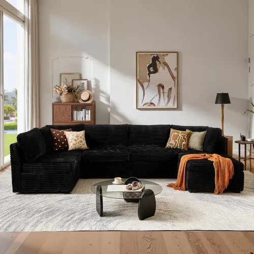 Vista 35 de Ovios - Sofá modular con diván en forma de U y otomanas, cómodo y mullido, tapizado en pana estilo nube, moderno, asiento profundo, juego de sofás