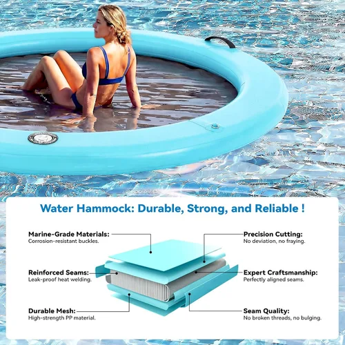Vista 32 de Muelle flotante inflable redondo de 6 a 12 pies, anillo de flotador Sunchill, hamaca de agua para broncear flotadores de piscina con tela tejida