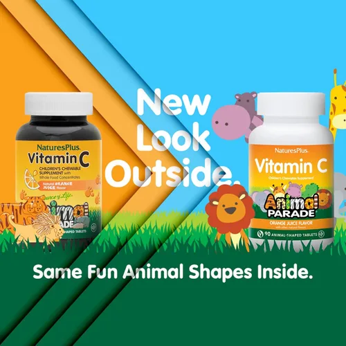 Vista 2 de NaturesPlus Animal Parade Vitamina C Masticable para niños, sabor a jugo de naranja natural, 90 tabletas en forma de animal, vegano, vegetariano