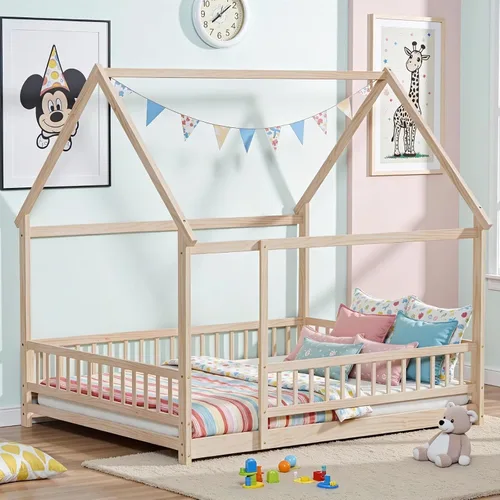 Vista 15 de LLS Base de cama Montessori tamaño individual para piso con listones y valla, cama de casa de madera para dormitorio de niños y niñas