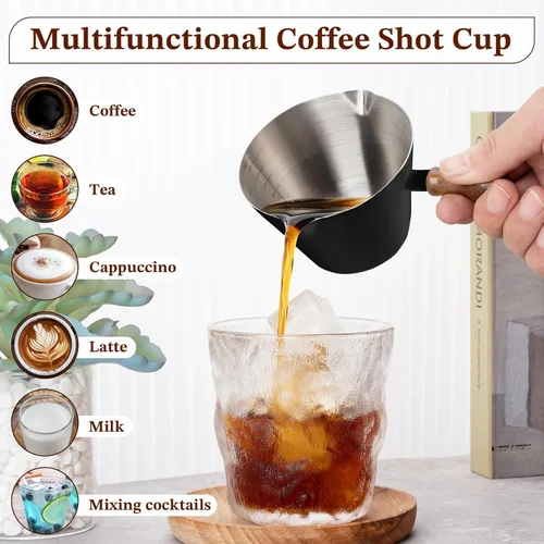 Vista 6 de Amrules Tazas de café expreso negras, taza de medición de café de 7 oz/200 ml con asa de madera, taza de espresso de acero inoxidable 304 con escala