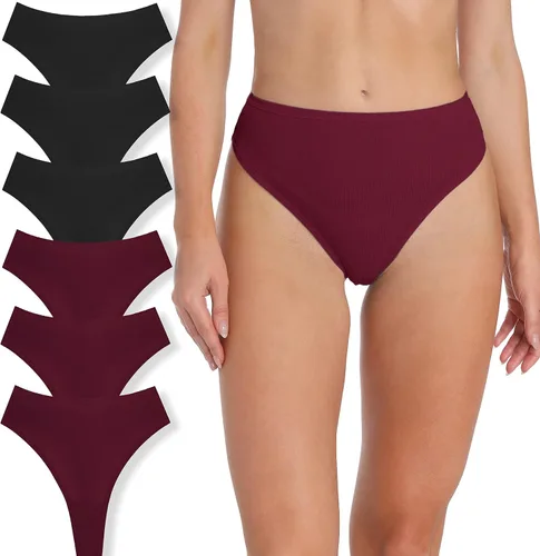 Vista 21 de Tanga de algodón acanalado transpirable sin costuras de cintura alta para mujer, ropa interior de talla grande 2 negro/2 verde/2 vino tinto