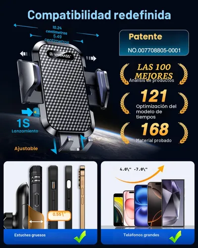 Vista 5 de VANMASS Soporte universal para teléfono para tablero de automóvil, soporte universal con ventosa, soporte para parabrisas de salpicadero, Negro