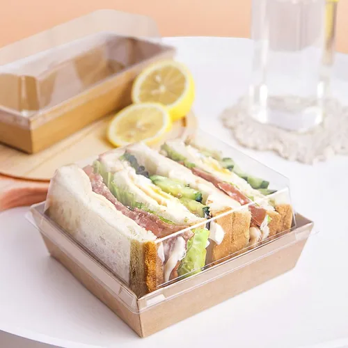 Vista 5 de Ocmoiy Cajas de charcutería Kraft con tapas transparentes de 4 x 4 pulgadas, paquete de 50 cajas cuadradas marrones para rebanadas de pastel