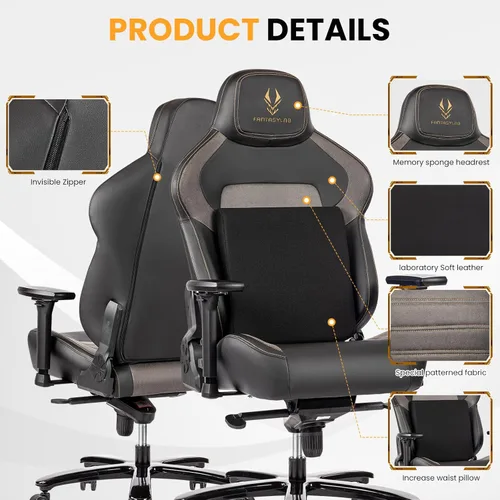 Vista 4 de Silla de juegos grande y alta de 440 libras, silla de juegos con base de metal, espuma viscoelástica lumbar, reposabrazos ajustable 4D, silla
