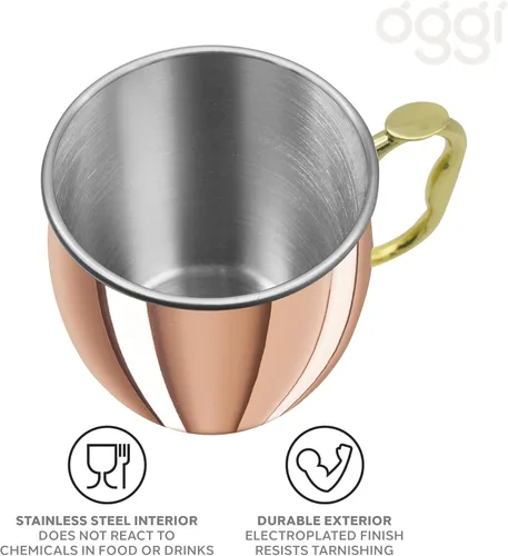 Vista 3 de Oggi Taza Moscow Mule de acero inoxidable - 20 oz, chapado en cobre con mango EZ-grip