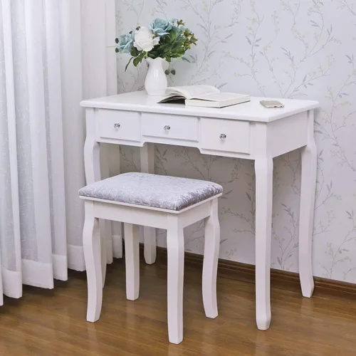 Vista 5 de BEWISHOME Tocador, Juego de tocador para niñas con espejo y luces, pequeño tocador de maquillaje con 5 cajones y taburete, mesa de tocador con 3