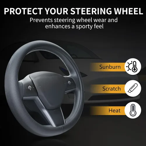 Vista 6 de Uxcer Funda de cuero de napa para volante compatible con Tesla Model 3/Y 2016-2025 2026 Juniper/Highland, antideslizante, transpirable, modelo 3/Y