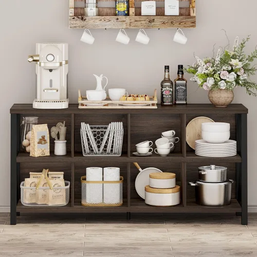 Vista 8 de FATORRI Estantería organizadora de almacenamiento de 8 cubos, estantería de madera rústica, estante horizontal industrial para sala de estar, Nogal