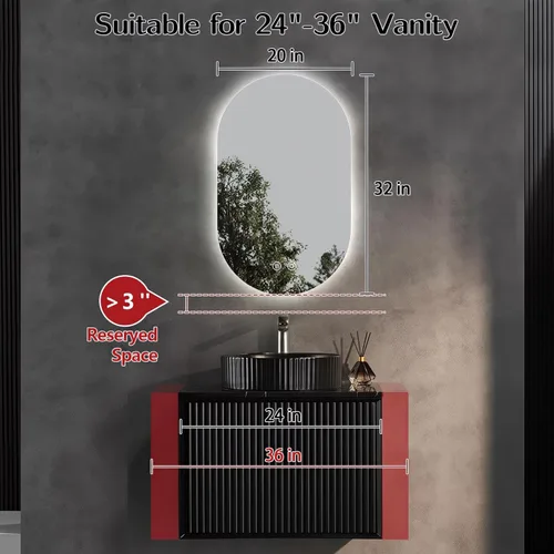 Vista 4 de Espejo LED ovalado de 32 x 20 pulgadas para baño, espejo de tocador iluminado en forma de píldora con luces, espejo retroiluminado sin marco montado