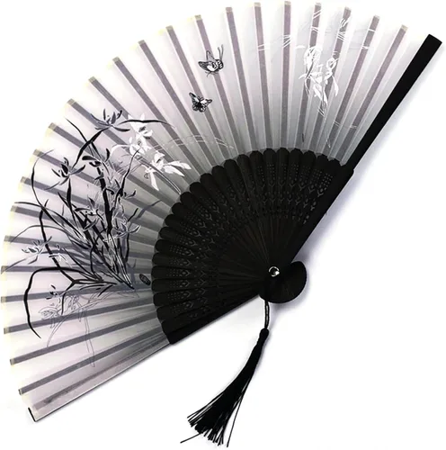 Ventilador japonés portátil de mano, abanicos de bambú de mano, ventilador retro japonés, vintage, para el hogar, fiesta, boda, seda, bambú (negro-1)