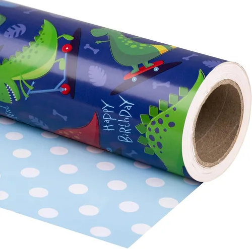 Vista 14 de WRAPAHOLIC Papel de regalo reversible de cumpleaños, mini rollo, 17 pulgadas x 33 pies, adorables perros con brillo metálico y azul sólido