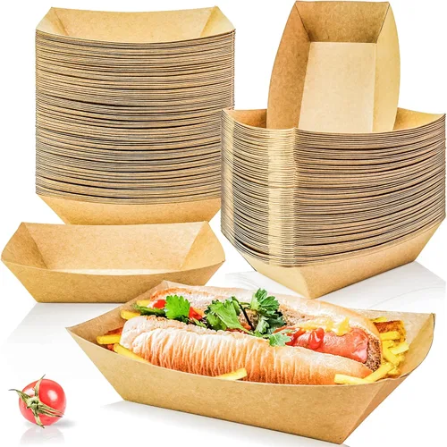 Vista 7 de MotBach Paquete de 100 bandejas de papel kraft de 3 libras, bandeja de papel de alta resistencia desechable para servir papas fritas, nachos, Marrón