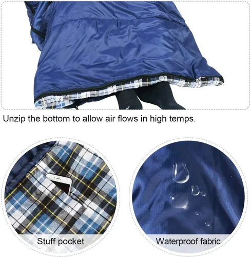 Vista 7 de REDCAMP Saco de dormir de franela para adultos, cómodos sacos de dormir de algodón para acampar con capucha desmontable, rojo/gris/azul/negro