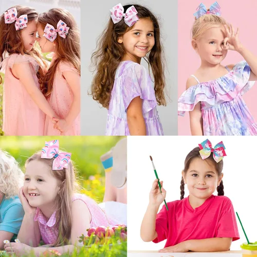 Vista 7 de 24 piezas de 11,4 cm de lazos para niñas, moños de grogrén arcoíris, pinzas de cocodrilo, lazos para pigtails, lazos para unicornios, broches