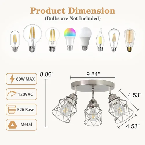 Vista 6 de Accesorios de iluminación de cocina - Lámpara de techo de 3 luces multidireccional con base E26, montaje empotrado ajustable para cocina de granja