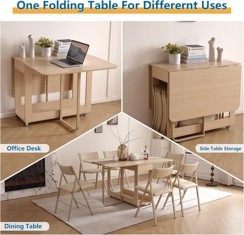 Vista 9 de Mesa de comedor plegable para 4/6 con 35.4 pulgadas, mesa de hojas colgantes extra ancha que ahorra espacio con ruedas bloqueables y almacenamiento