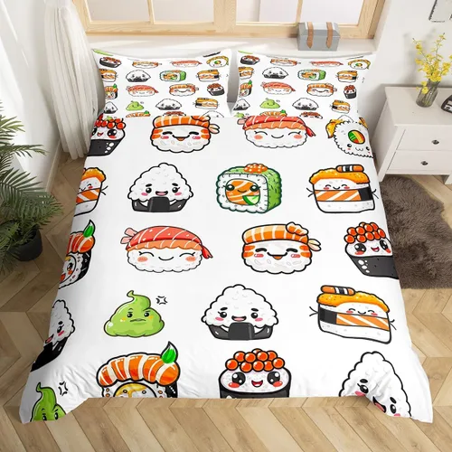 Vista 3 de Feelyou Juego de ropa de cama con patrón de sushi, funda de edredón de estilo japonés para niños, niñas, adolescentes, funda de edredón con temática