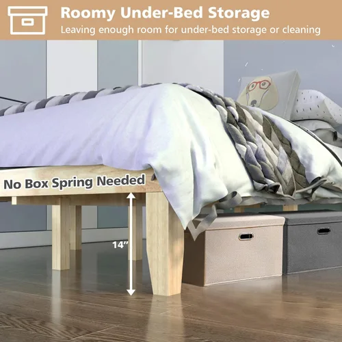 Vista 16 de COSTWAY Marco de cama de plataforma tamaño King, base de colchón de madera de goma maciza de 14 pulgadas con soporte de listones resistentes, marco