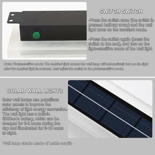 Vista 6 de Luces de pared solares al aire libre impermeables, lámpara de pared LED de montaje de 10W con pantalla de acrílico de 60 cm de largo, lámparas