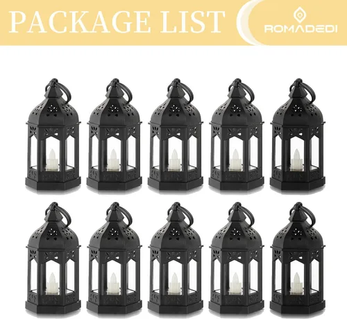 Vista 7 de Romadedi Mini Linternas Decorativas para Centro de Mesa: 10 piezas de linterna pequeña negra colgante a granel con velas LED parpadeantes