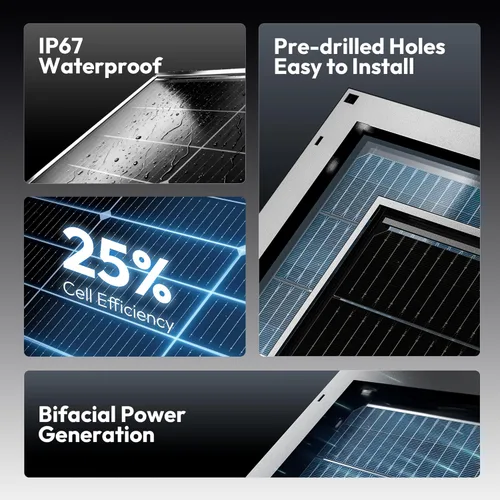 Vista 3 de Epoch Paneles solares biaciales de 200 W, panel solar monocristalino de 16 BB de 12/24 voltios, módulo solar impermeable de alta eficiencia