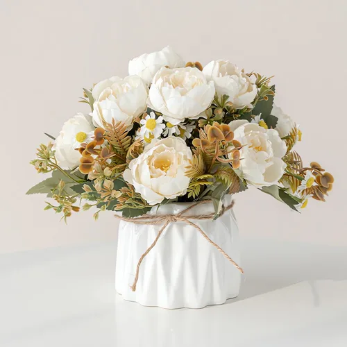 Vista 11 de Hbluefat - Flores artificiales con jarrón, flores de seda artificiales en jarrón de cerámica, pequeño arreglo de flores falsas para decoración