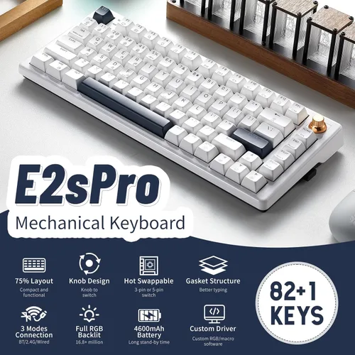 Vista 2 de Teclado mecánico inalámbrico con reposamuñecas, teclado personalizado intercambiable en caliente con perilla, retroiluminación RGB, interruptores