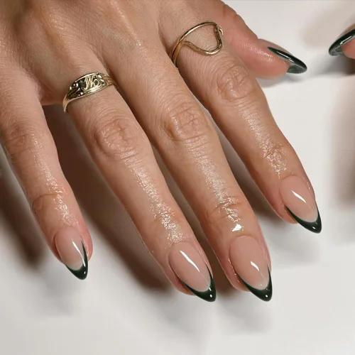 Vista 27 de Uñas postizas a presión con punta francesa negra, uñas cortas de almendra, uñas con pegamento para mujer, uñas acrílicas francesas de gel, uñas