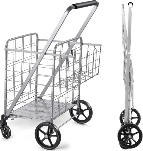 Vista 8 de Wellmax Carrito de comestibles plegable con ruedas, carrito utilitario de metal resistente con parte inferior de malla, cesta trasera adicional